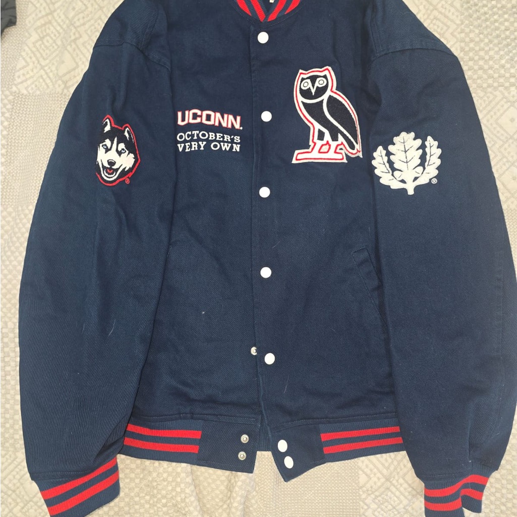 Navy Varsity Jacket With Red Accents